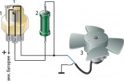 Рис. 2. Схема включения электродвигателя вентилятора без разгрузочного реле на некоторых зарубежных автомобилях: 1 – датчик температуры; 2 – добавочный резистор; 3 – электродвигатель.